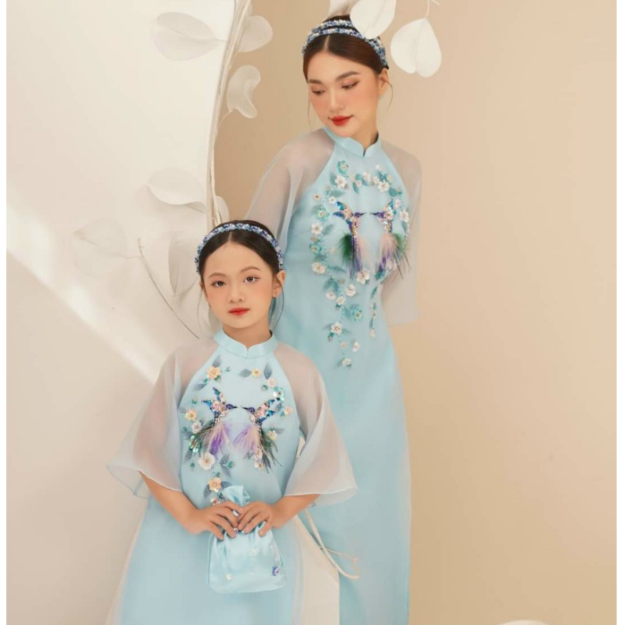 Áo dài cách tân mẹ và bé Ngọc Sương xanh thiết kế 4 tà, chất liệu tơ organza cao cấp - Áo dài ST - ST04