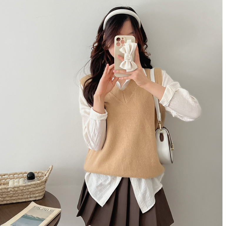 Áo gile trơn nữ mỏng cổ tim chất đẹp, Áo Gile trơn basic Hàn Quốc form suông phong cách ulzzang
