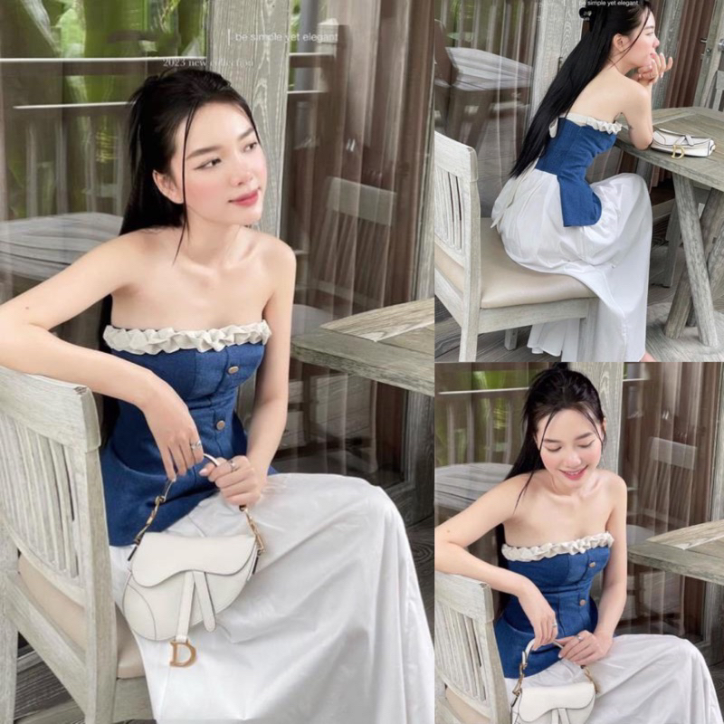 Set Áo Ống Jeans Xanh Cúc Cúp Khuôn Ngực Viền Bèo Trắng + Váy Trắng Maxxi