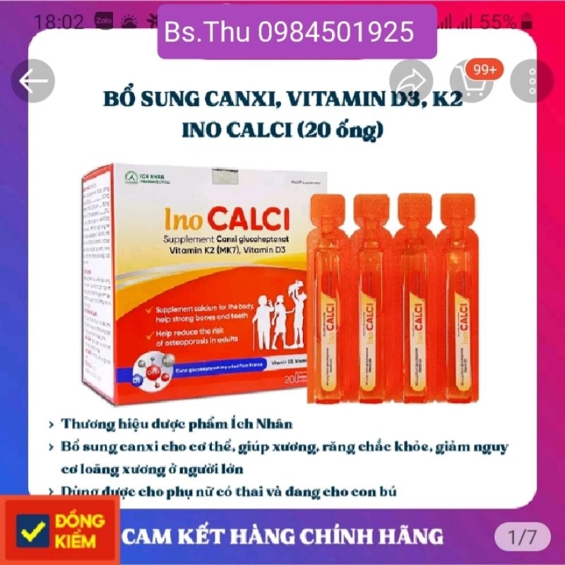 Ino Calci bổ sung Canxi D3 Mk7 hộp 20 ống hỗ trợ xương răng chắc khỏe