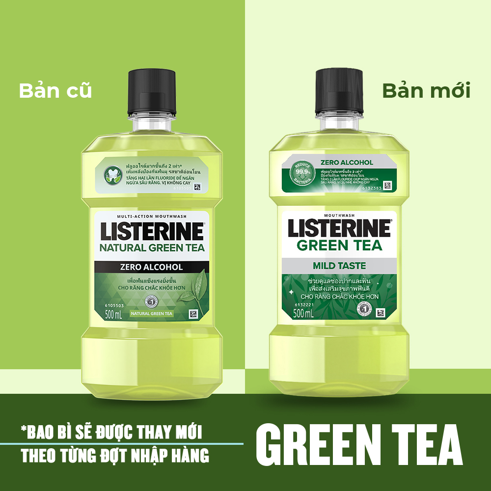 Nước súc miệng ngừa sâu răng vị trà xanh không cay Listerine Green Tea Zero Alcohol 500ml