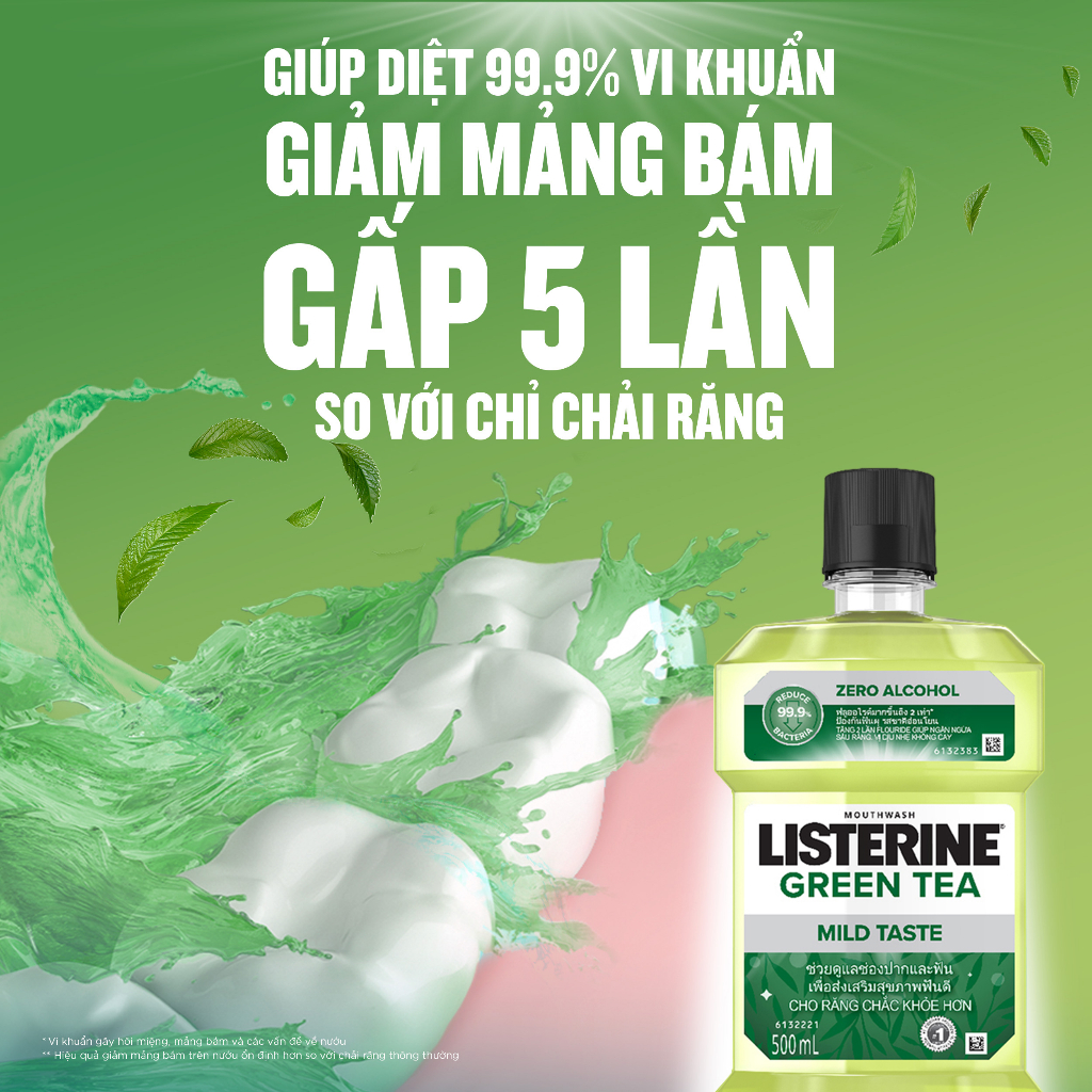 Nước súc miệng ngừa sâu răng vị trà xanh không cay Listerine Green Tea Zero Alcohol 500ml