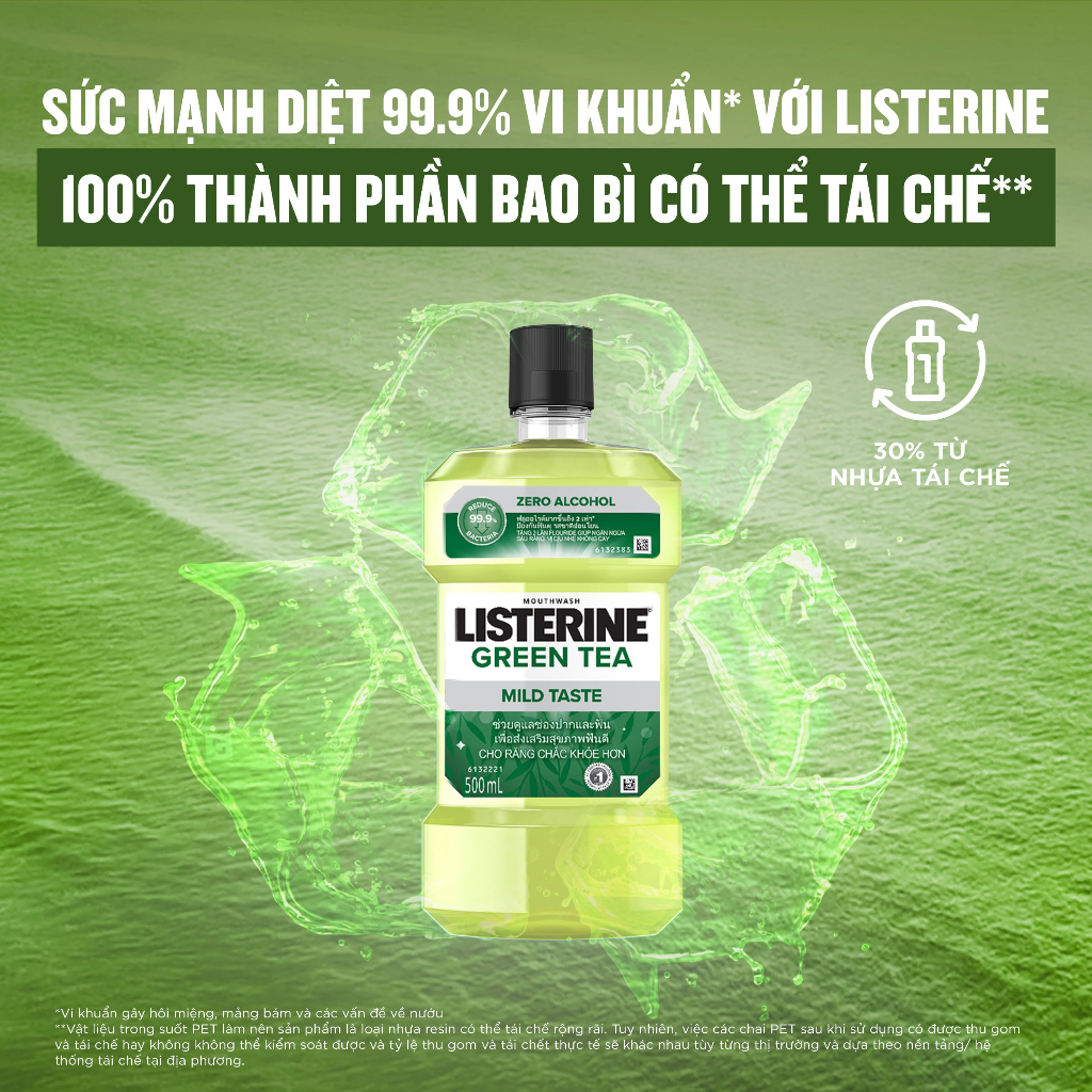 Nước súc miệng ngừa sâu răng vị trà xanh không cay Listerine Green Tea Zero Alcohol 500ml