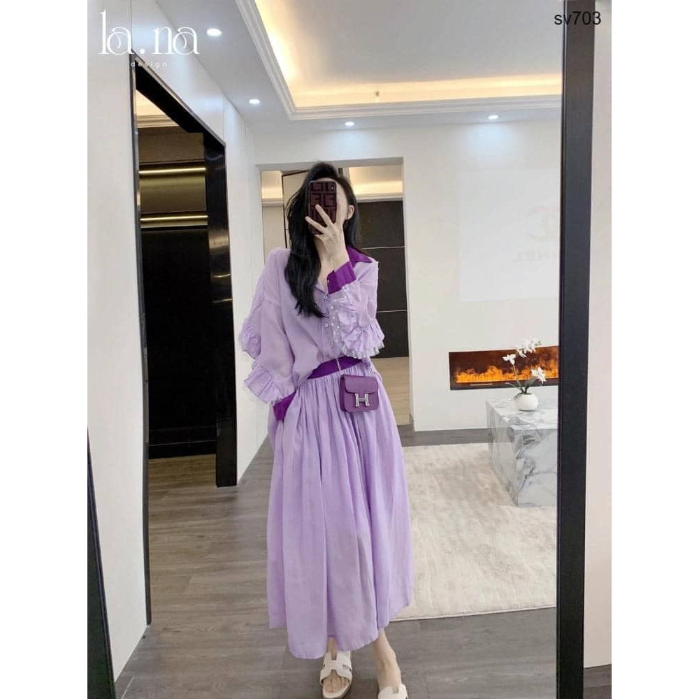 Váy thiết kế cao cấp La.na set váy công sở dài tay cá tính chân váy xoè - SV703