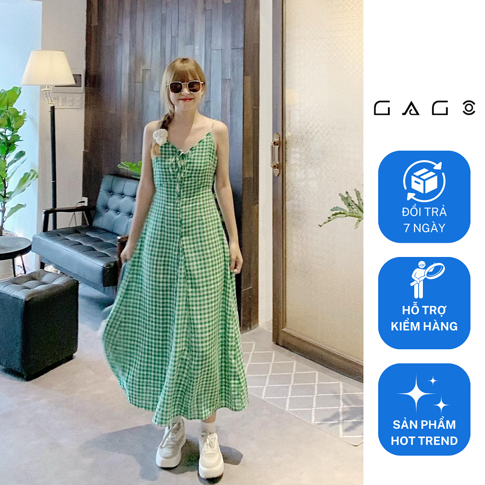 Đầm dây midi form xoè rã cách điệu thời trang thắt dây ngực thời trang GAGO hoạ tiết caro xanh lá GG4223