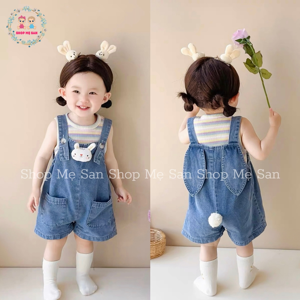 Yếm Cho Bé Gái, Set Áo + Yếm Bò Tai Thỏ Dễ Thương Với Áo Chất Tăm Gân Mềm Mát Cùng Yếm Bò Mềm Đẹp
