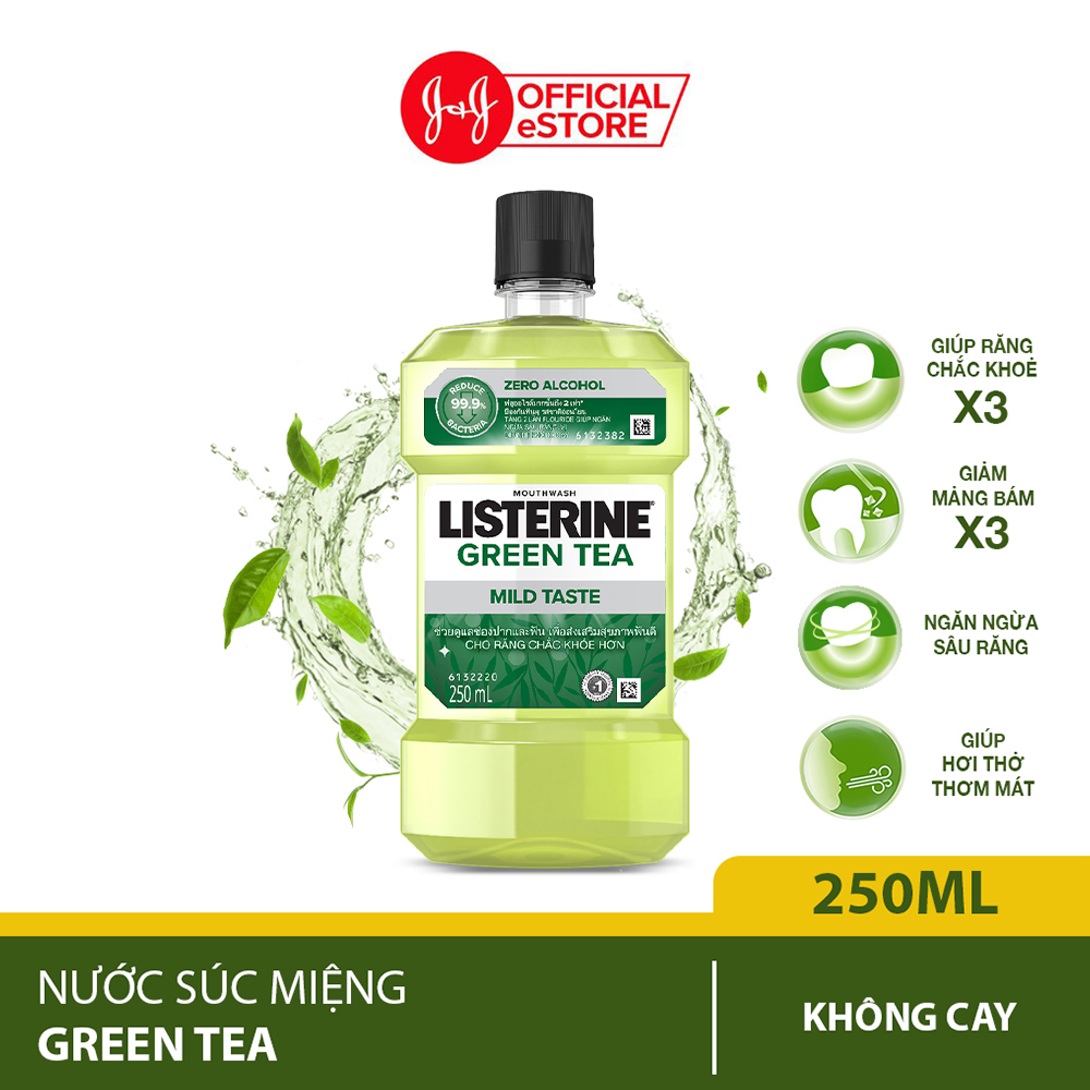 Nước Súc Miệng Ngừa Sâu Răng Vị Trà Xanh Không Cay Listerine Green Tea Zero Alcohol - Dung tích 250ml