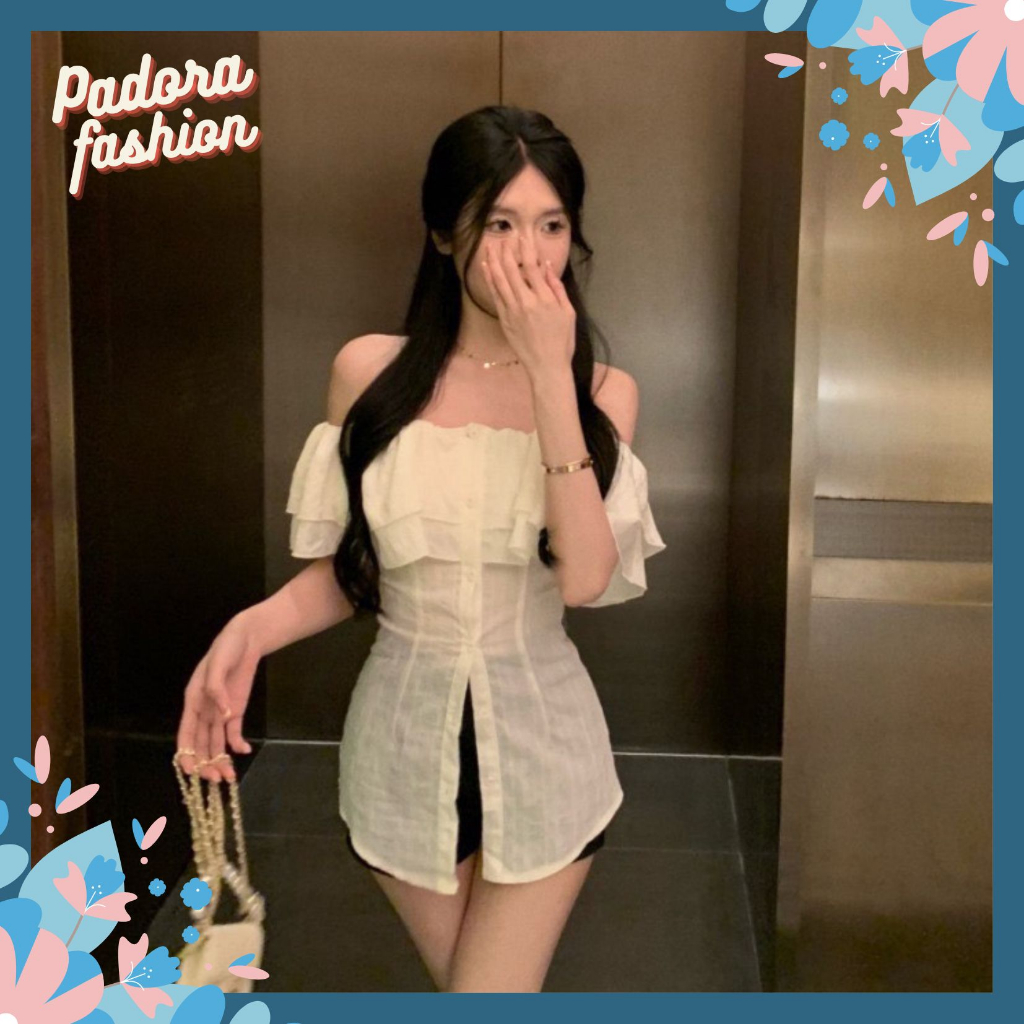 Áo sơ mi kiểu áo trễ vai kiển bánh bèo chất đũi gân Padora-A818