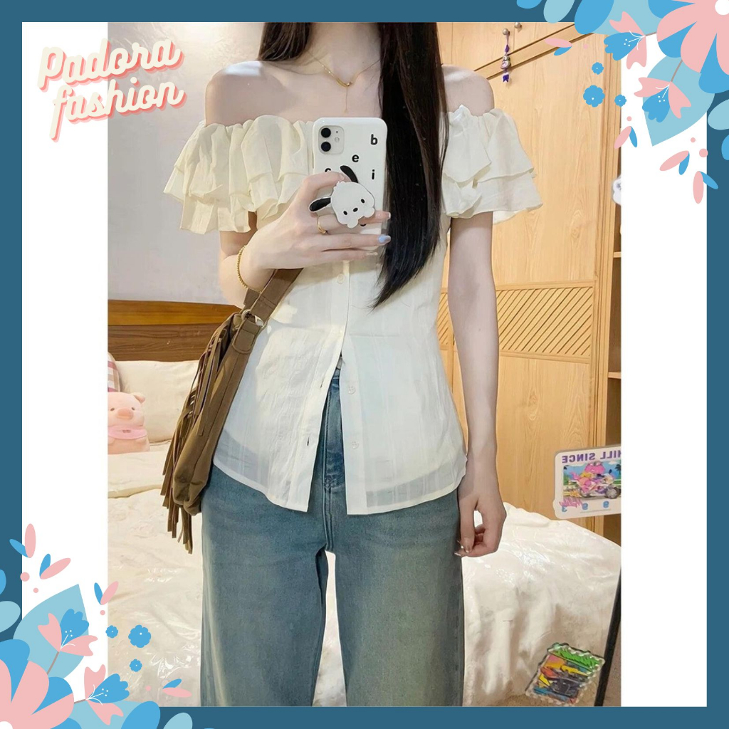 Áo sơ mi kiểu áo trễ vai kiển bánh bèo chất đũi gân Padora-A818