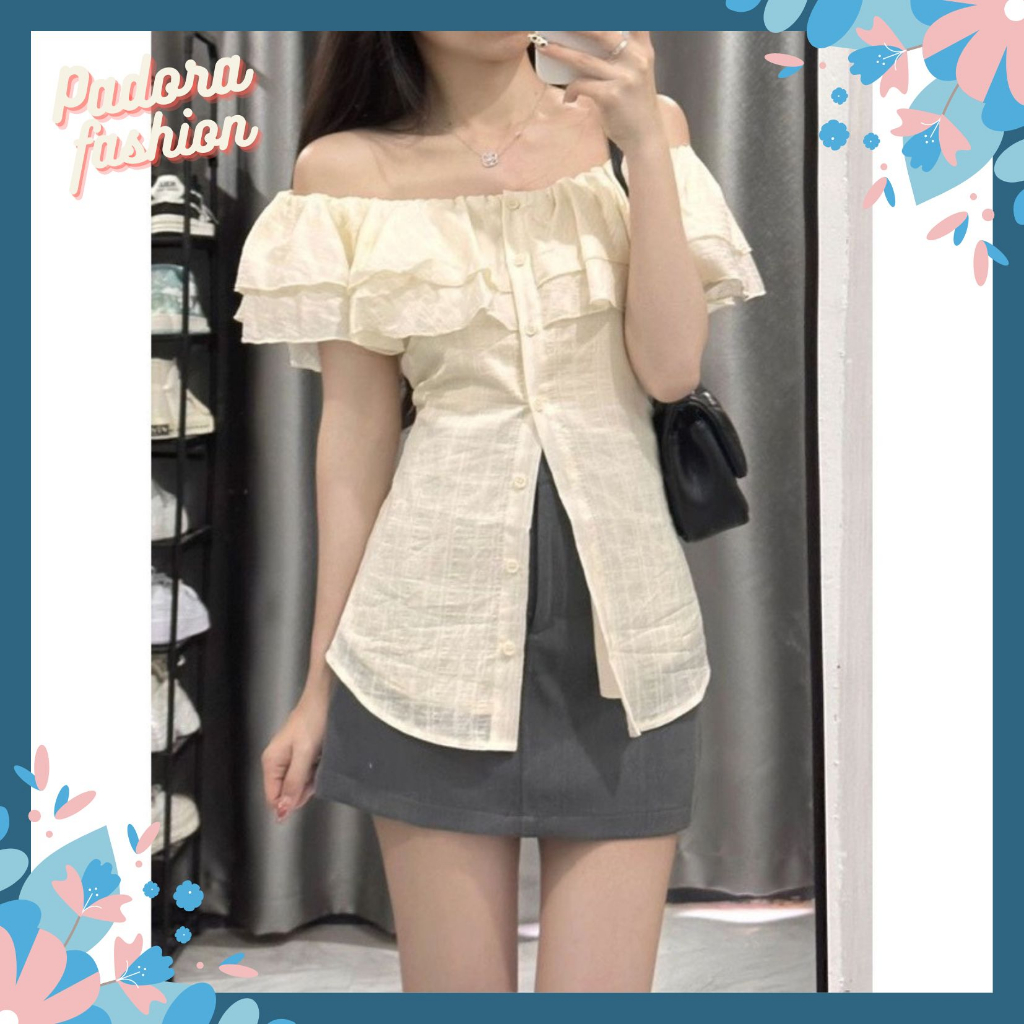 Áo sơ mi kiểu áo trễ vai kiển bánh bèo chất đũi gân Padora-A818