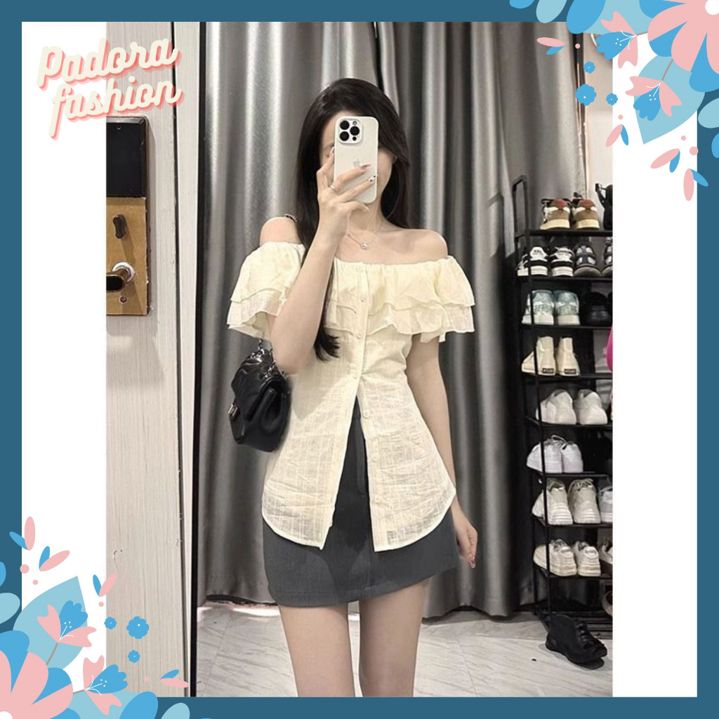 Áo sơ mi kiểu áo trễ vai kiển bánh bèo chất đũi gân Padora-A818