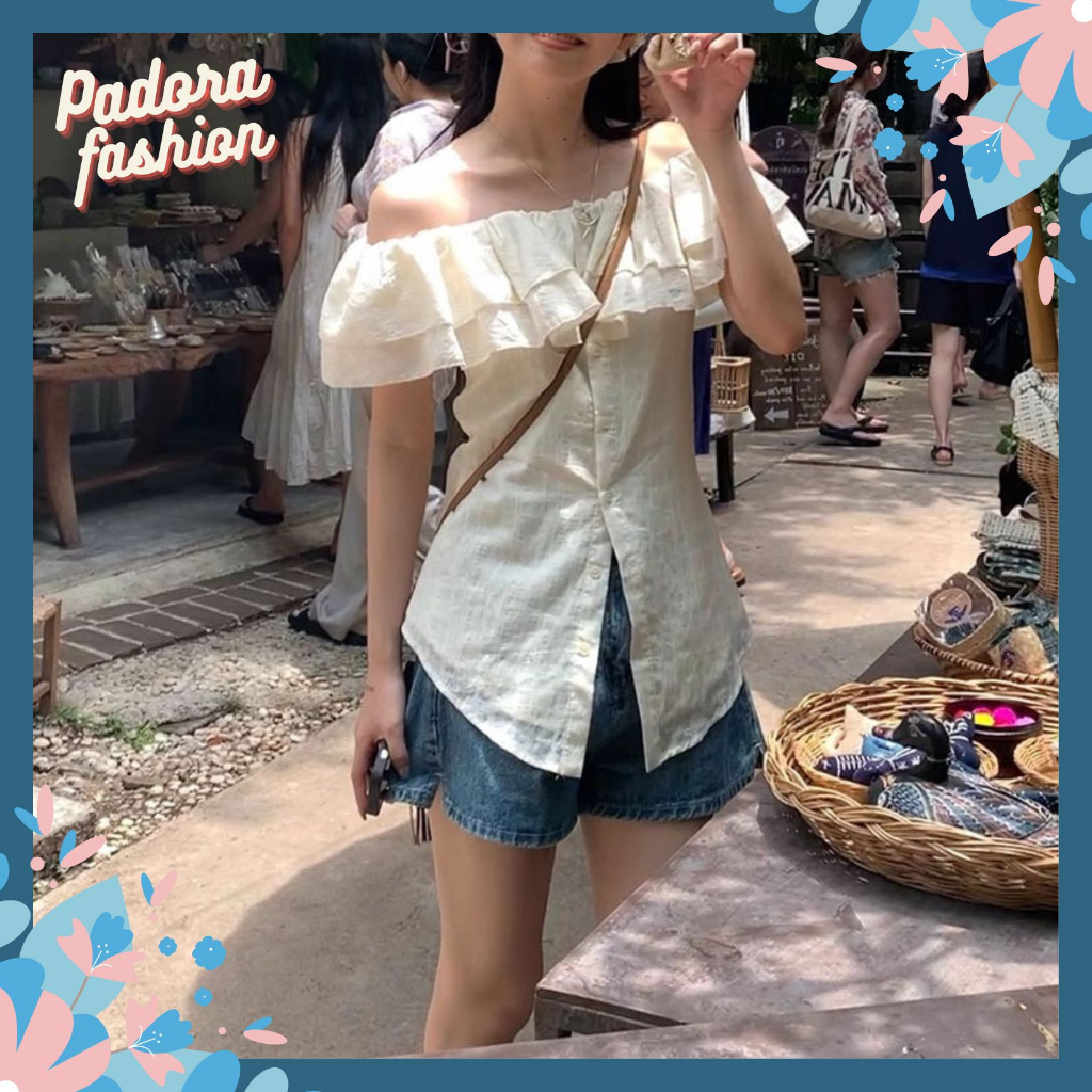 Áo sơ mi kiểu áo trễ vai kiển bánh bèo chất đũi gân Padora-A818