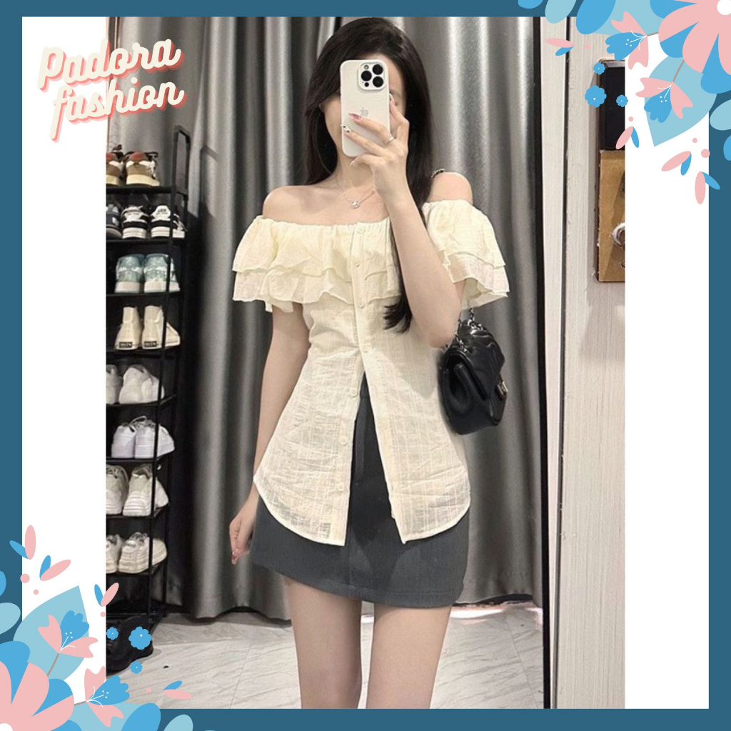 Áo sơ mi kiểu áo trễ vai kiển bánh bèo chất đũi gân Padora-A818