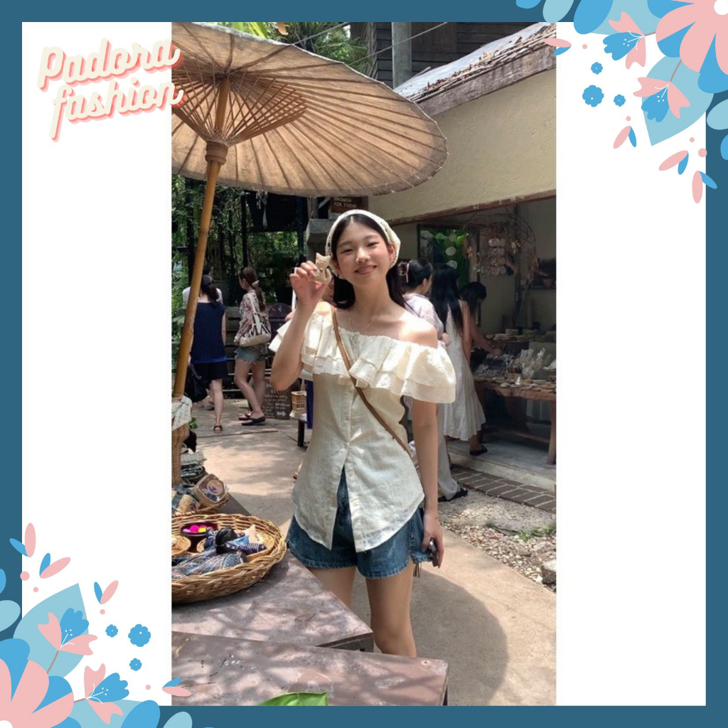 Áo sơ mi kiểu áo trễ vai kiển bánh bèo chất đũi gân Padora-A818