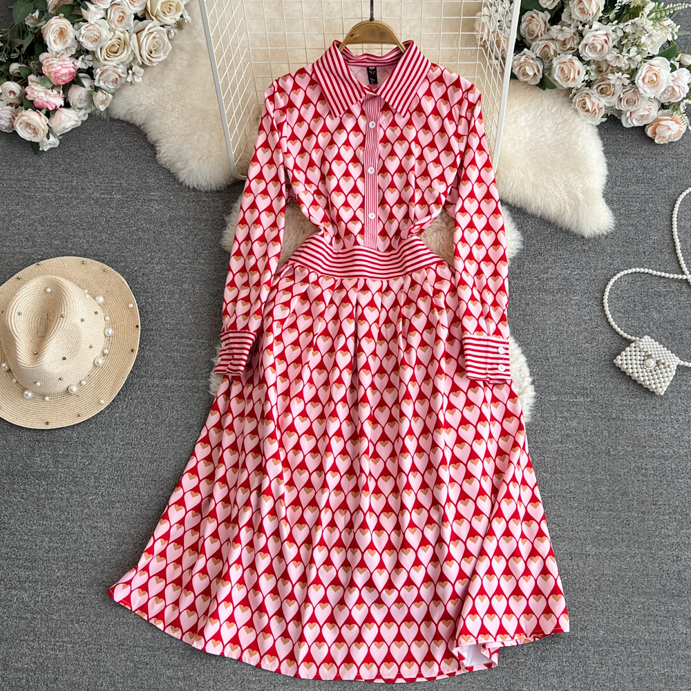 Đầm sơ mi dài tay họa tiết retro dáng A siêu xinh