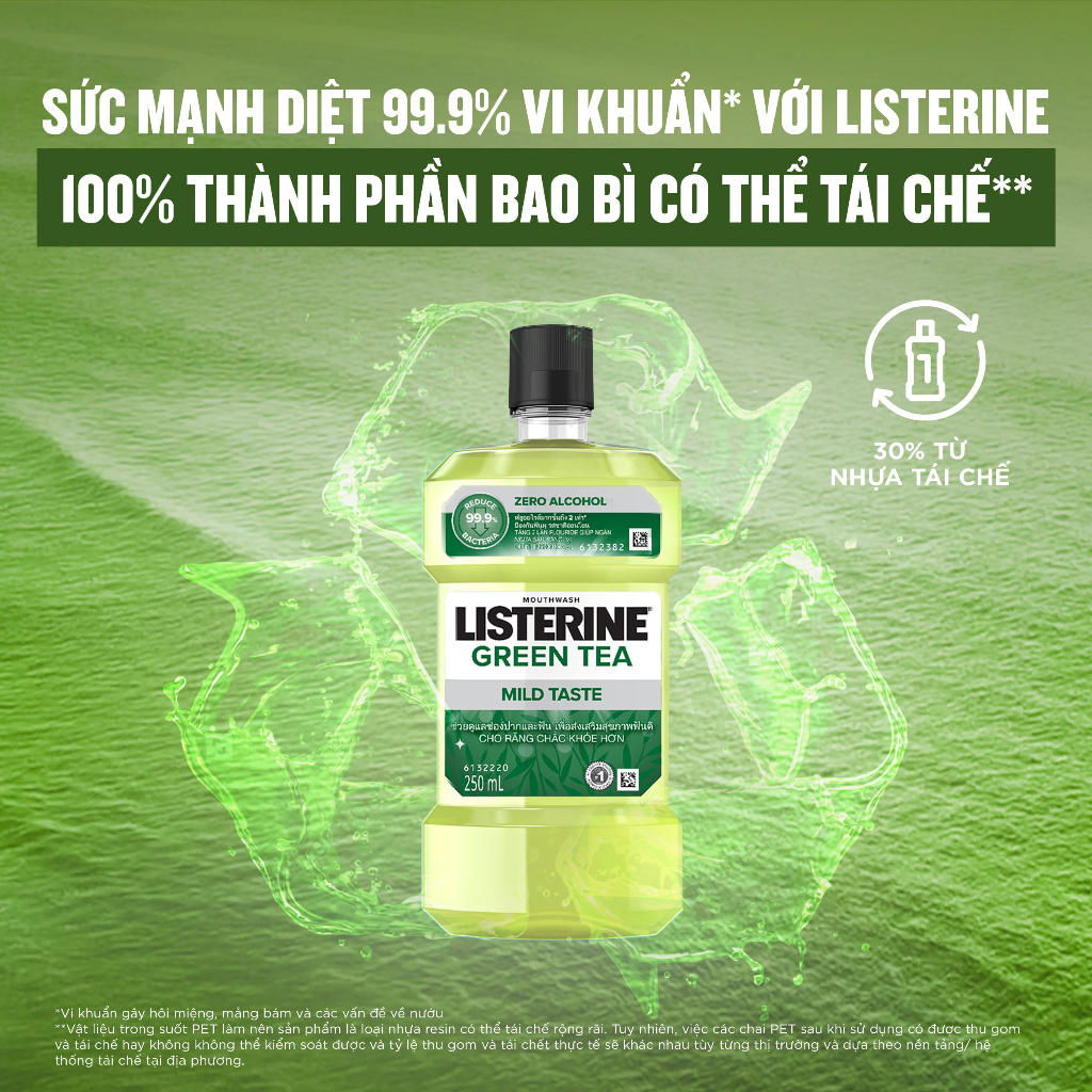 Nước Súc Miệng Ngừa Sâu Răng Vị Trà Xanh Không Cay Listerine Green Tea Zero Alcohol - Dung tích 250ml