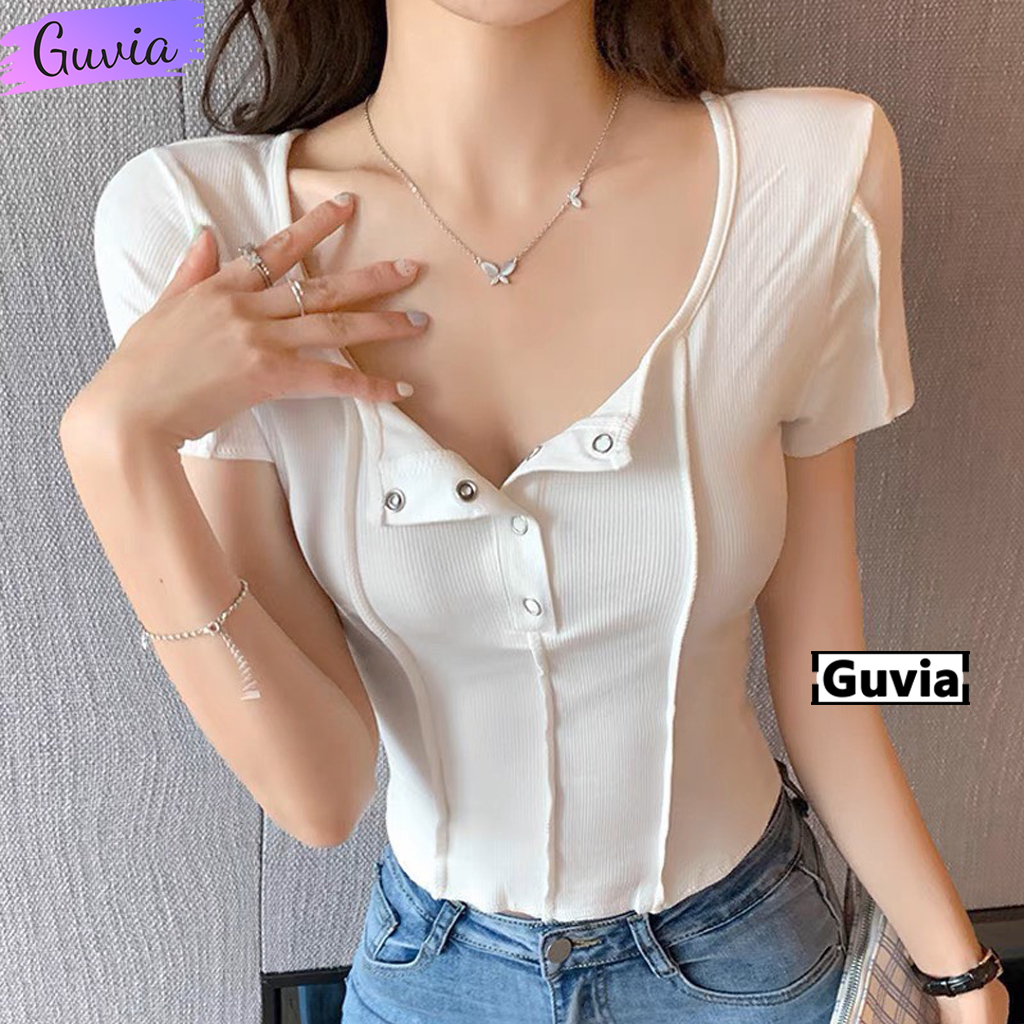 Áo Croptop Tay Ngắn CÚC BẤM 3 SỌC Cổ Vuông Ôm Body, Áo Thun Croptop Kiểu Vạt Bầu Chất Thun Gân GUVIA