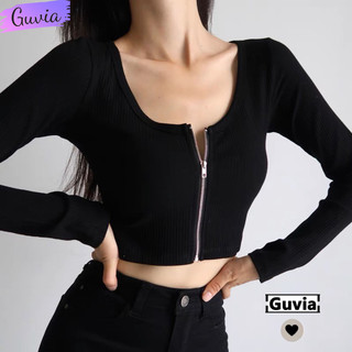 Áo Croptop DÂY KÉO NGỰC Tay Dài Thun Gân Tốt Ulzzang, Áo croptop dài tay chất vải tốt mặc đẹp GUVIA CR25