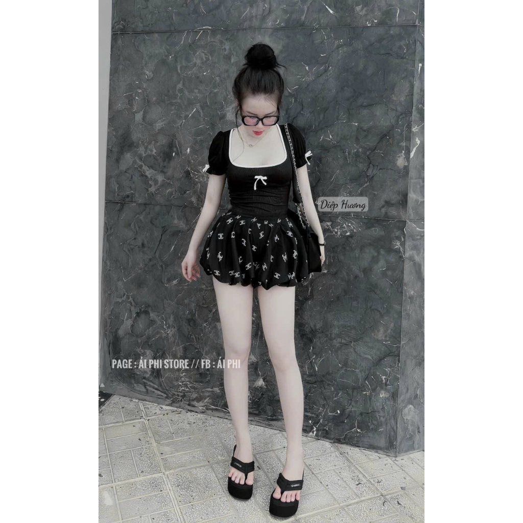 Set Bộ Nữ Áo Cổ Vuông Viền Ren Tơ Tay Ngắn Bo Chun Croptop Phối Quần Shorrt Bí Bo Chun Thiết Kế Trẻ Trung