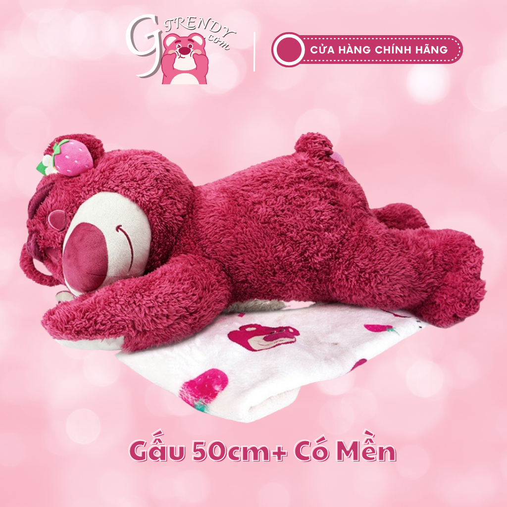 Gấu nhồi bông gấu Lotso dâu nằm ngủ thơm dâu có mền, thơm dâu 50cm Gtrendy
