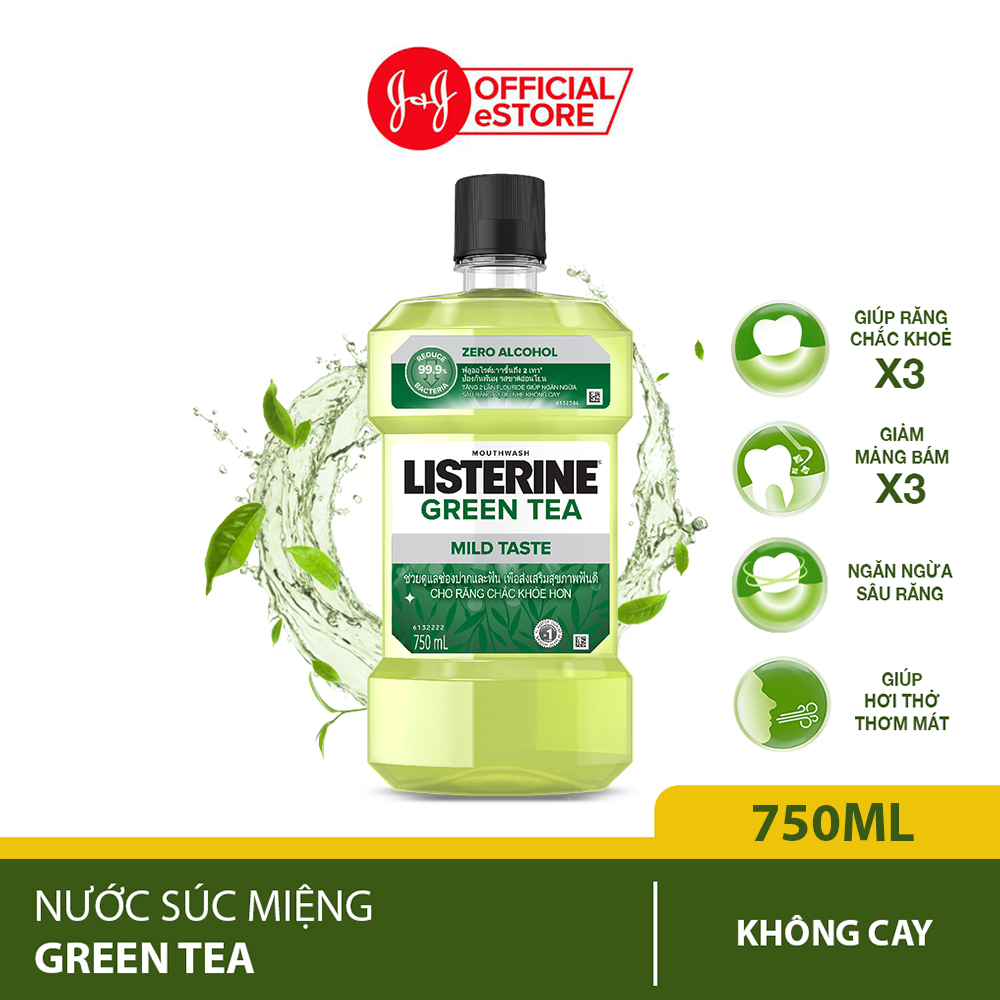 Nước Súc Miệng Ngừa Sâu Răng Vị Trà Xanh Không Cay Listerine Natural Green Tea - Dung tích 750ml