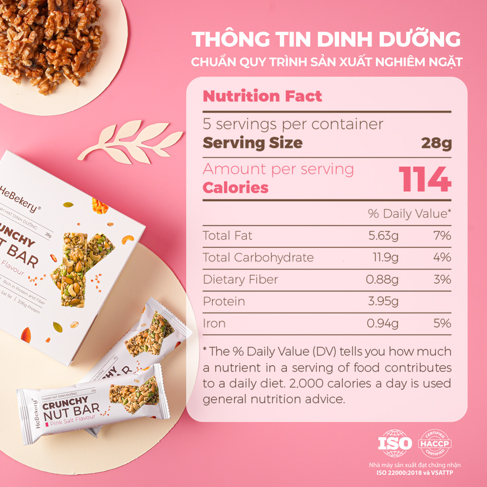 Thanh Năng Lượng Siêu Hạt Muối Hồng Hebekery 114Kcal - Crunchy Nut Bar Ăn Kiêng Văn Phòng Lành Mạnh