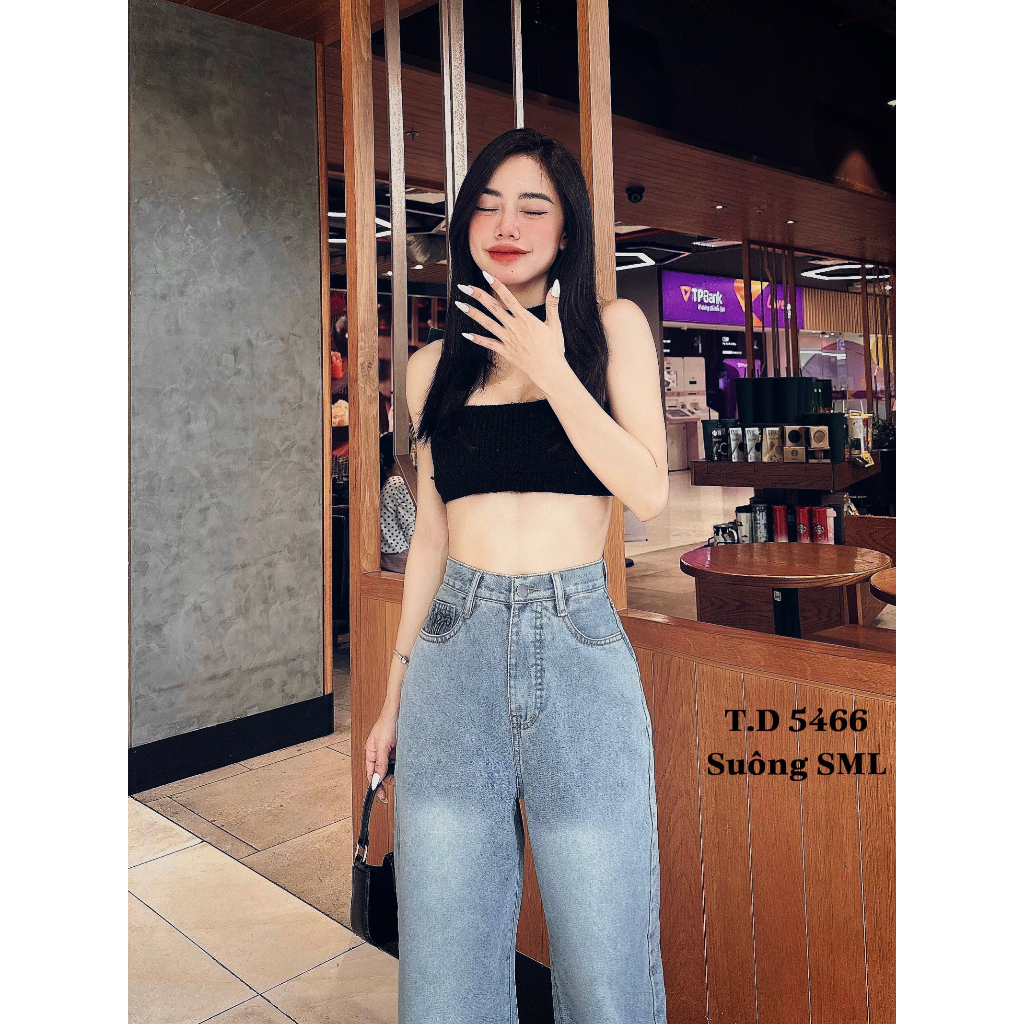 Quần Baggy Jean Nữ Lb Lưng Cao, Ống Loe, Thêu Tim Ms80