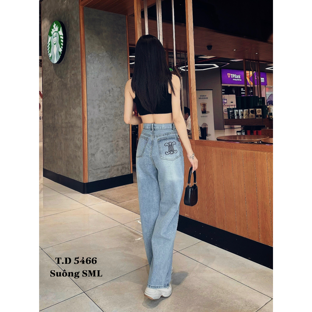 Quần Baggy Jean Nữ Lb Lưng Cao, Ống Loe, Thêu Tim Ms80