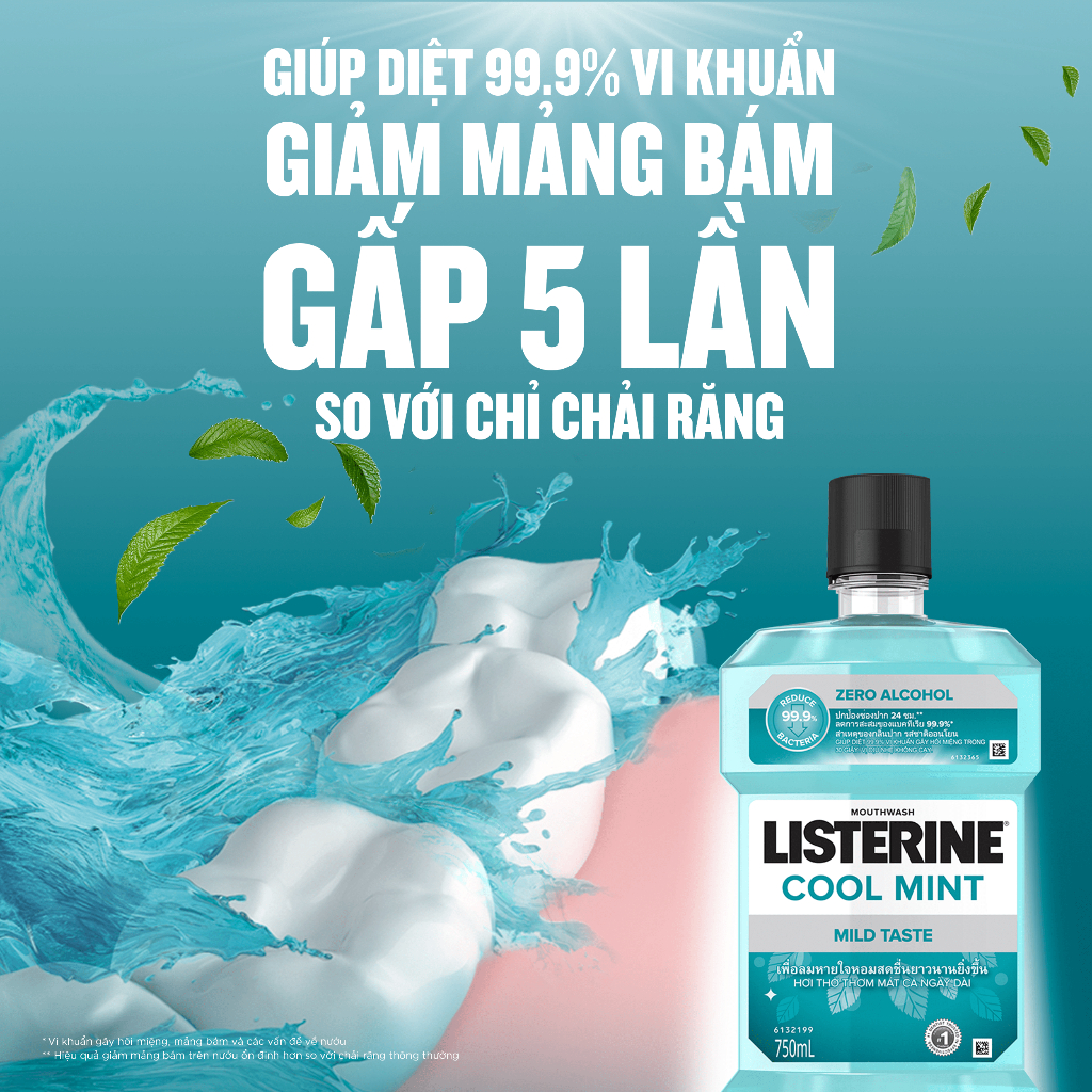 Nước súc miệng không cay giúp hơi thở thơm mát Listerine Cool Mint Zero Alcohol - Dung tích 750ml