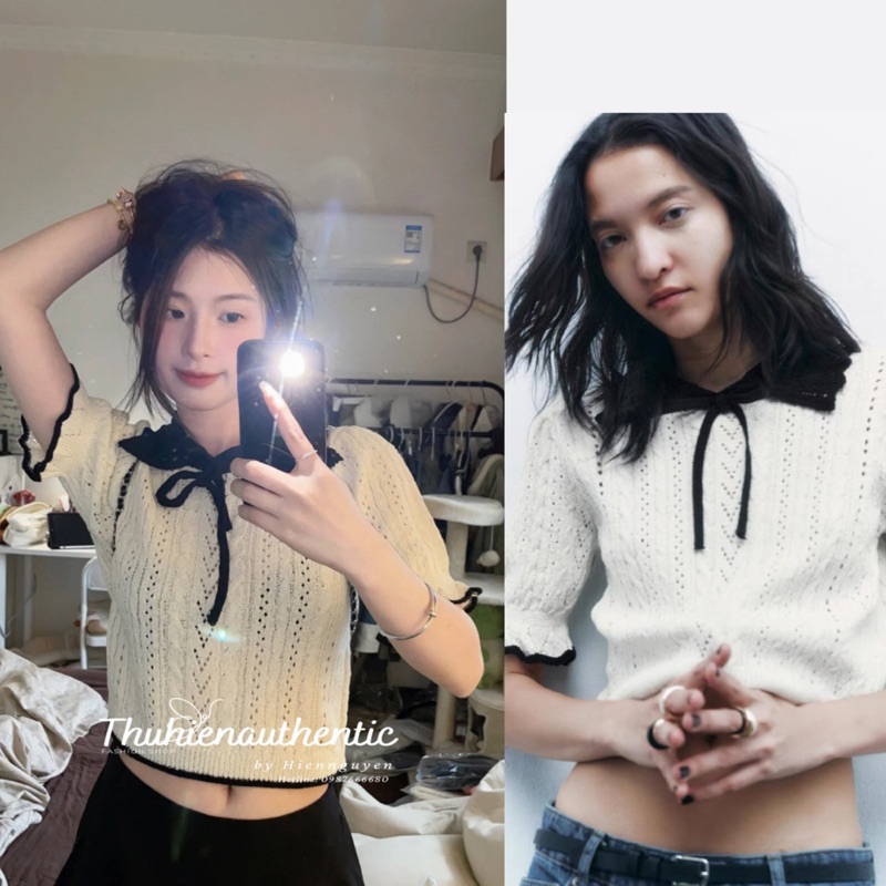 Áo kiểu cổ đức màu trắng cải đen len móc buộc nơ mã code: 4331/017 ZARA chính hãng(kèm ảnh thật)