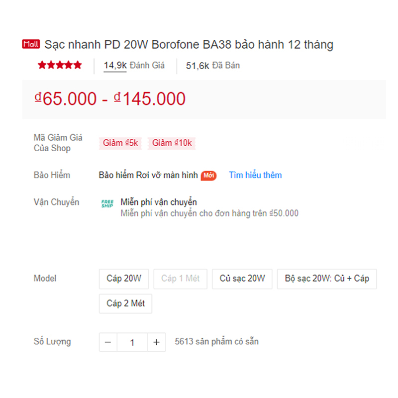 Sạc nhanh PD 20W Borofone BA38P bảo hành 12 tháng