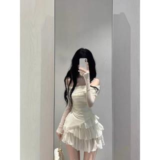 Set váy áo trễ vai chân váy xoè tầng vải dệt kim lưới phong cách tiểu thư đáng yêu