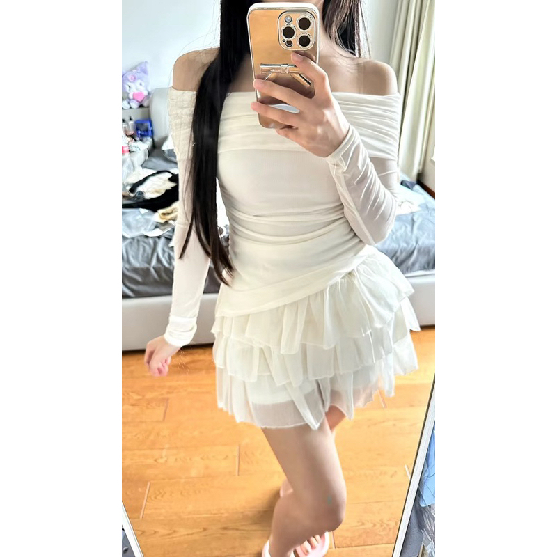 Set váy áo trễ vai chân váy xoè tầng vải dệt kim lưới phong cách tiểu thư đáng yêu