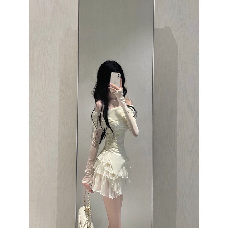 Set váy áo trễ vai chân váy xoè tầng vải dệt kim lưới phong cách tiểu thư đáng yêu