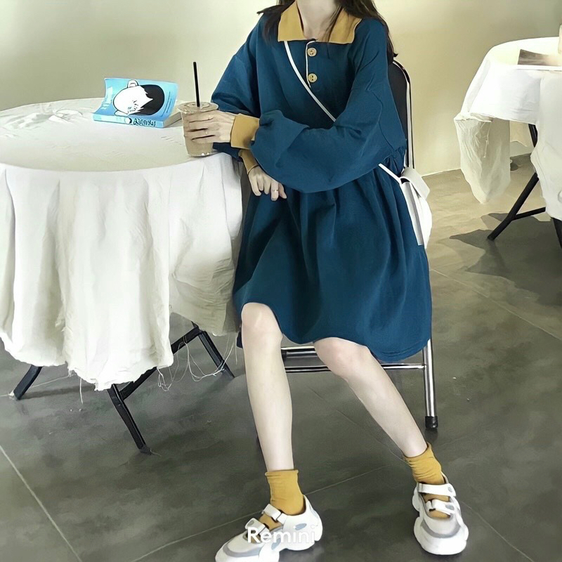 Váy BaBy Doll Xẻ Trụ Phối Nút, Tay Phồng Tiểu Thư