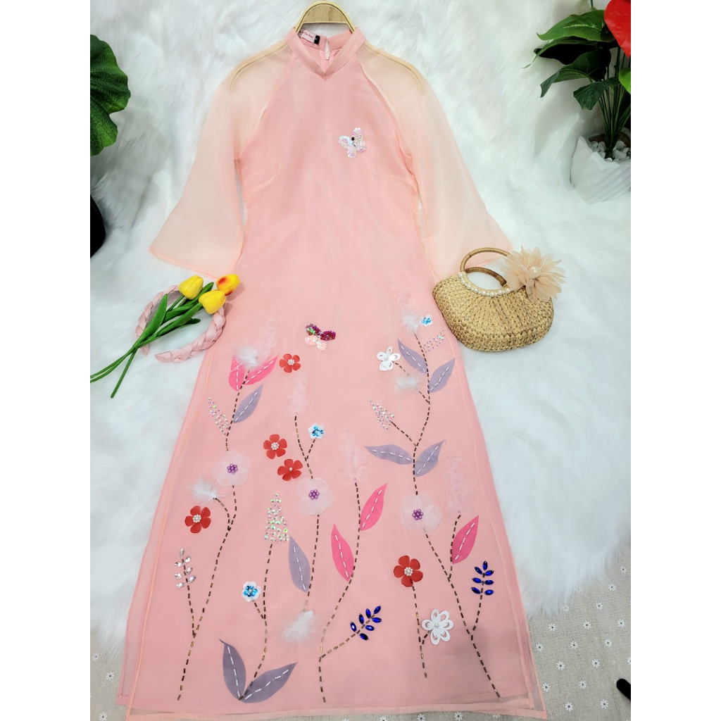 Áo dài mẹ và bé, áo dài cách tân Hồng Hoa chất tơ organza thiết kế 4 tà đính kết thủ công nổi bật - Áo dài ST - ST07