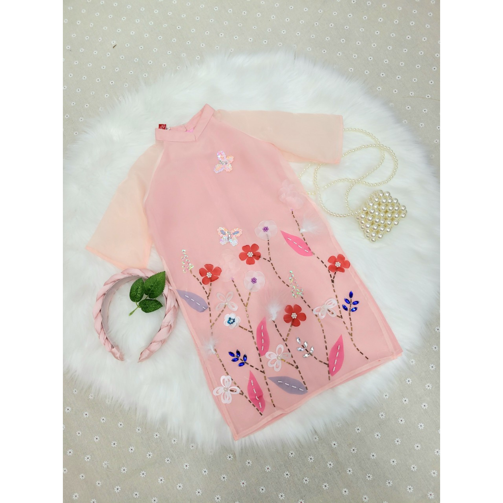 Áo dài mẹ và bé, áo dài cách tân Hồng Hoa chất tơ organza thiết kế 4 tà đính kết thủ công nổi bật - Áo dài ST - ST07