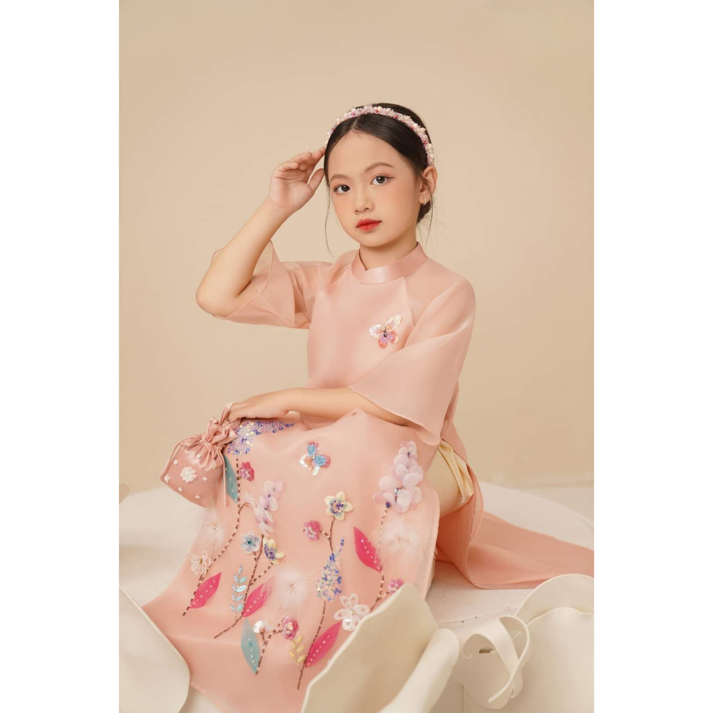 Áo dài mẹ và bé, áo dài cách tân Hồng Hoa chất tơ organza thiết kế 4 tà đính kết thủ công nổi bật - Áo dài ST - ST07