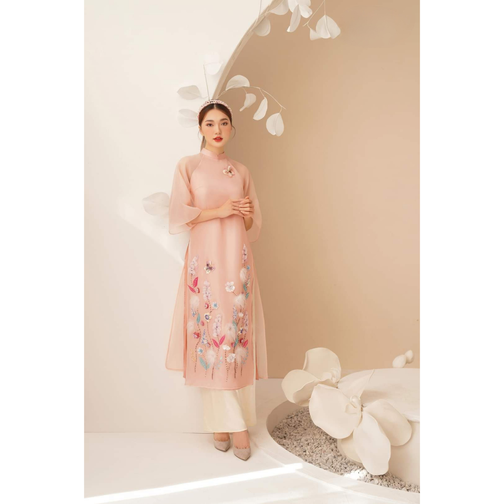 Áo dài mẹ và bé, áo dài cách tân Hồng Hoa chất tơ organza thiết kế 4 tà đính kết thủ công nổi bật - Áo dài ST - ST07