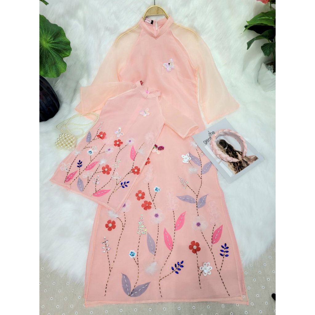 Áo dài mẹ và bé, áo dài cách tân Hồng Hoa chất tơ organza thiết kế 4 tà đính kết thủ công nổi bật - Áo dài ST - ST07