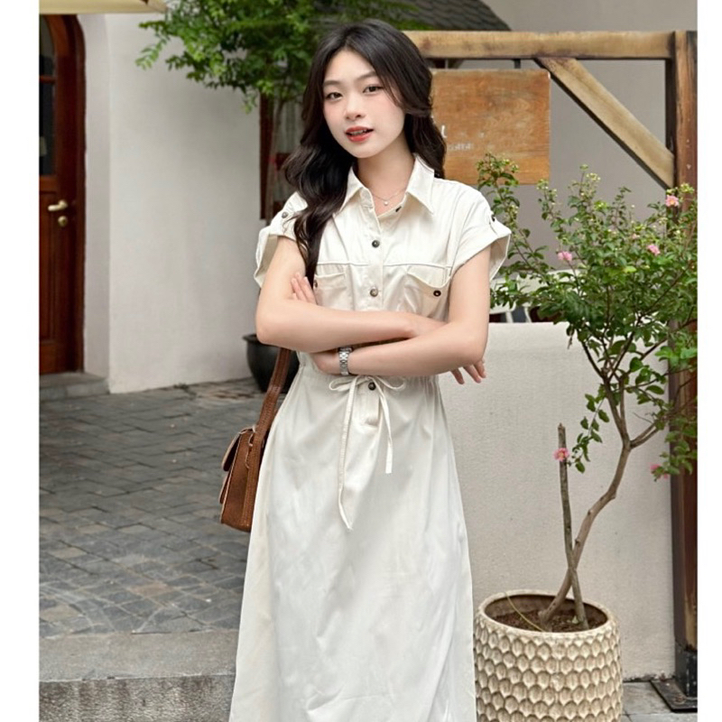 Đầm sơ mi nút gỗ rút eo 4 màu