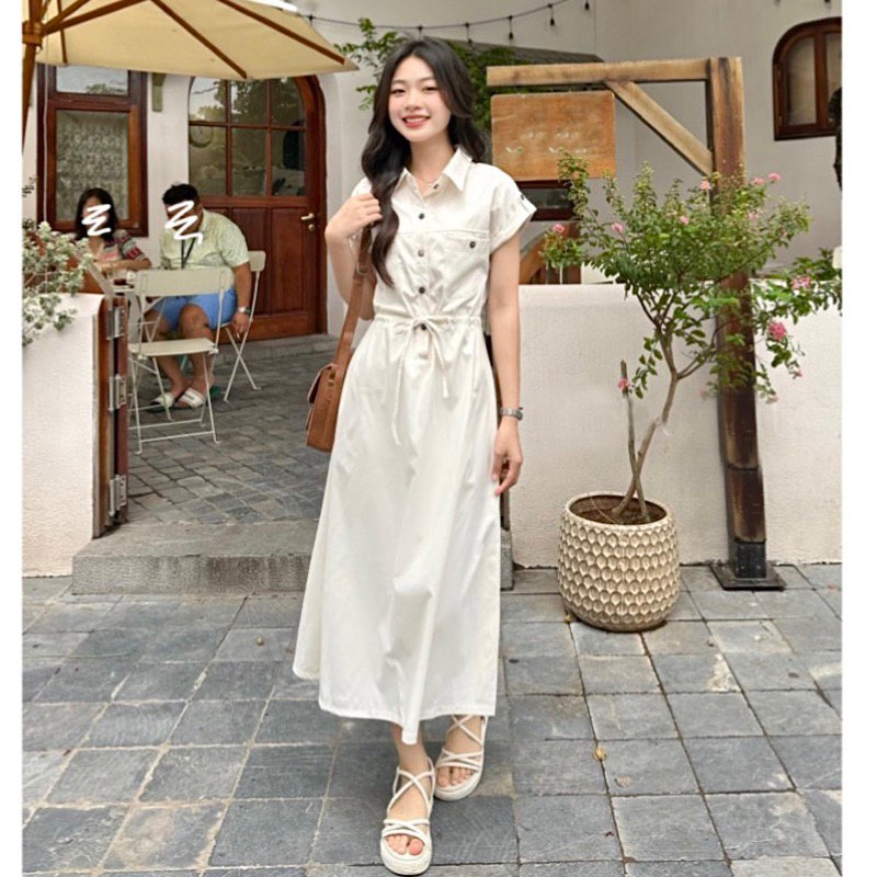 Đầm sơ mi nút gỗ rút eo 4 màu