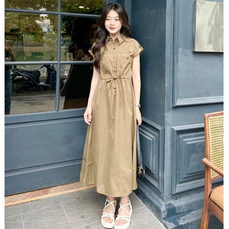 Đầm sơ mi nút gỗ rút eo 4 màu