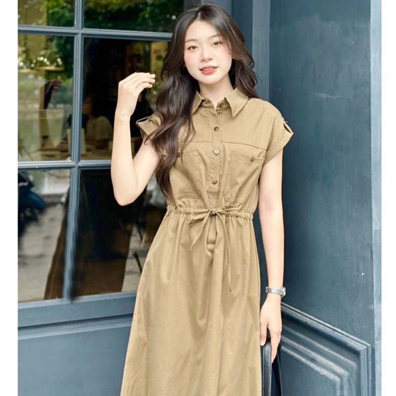 Đầm sơ mi nút gỗ rút eo 4 màu