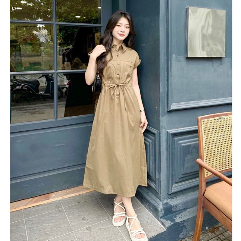 Đầm sơ mi nút gỗ rút eo 4 màu