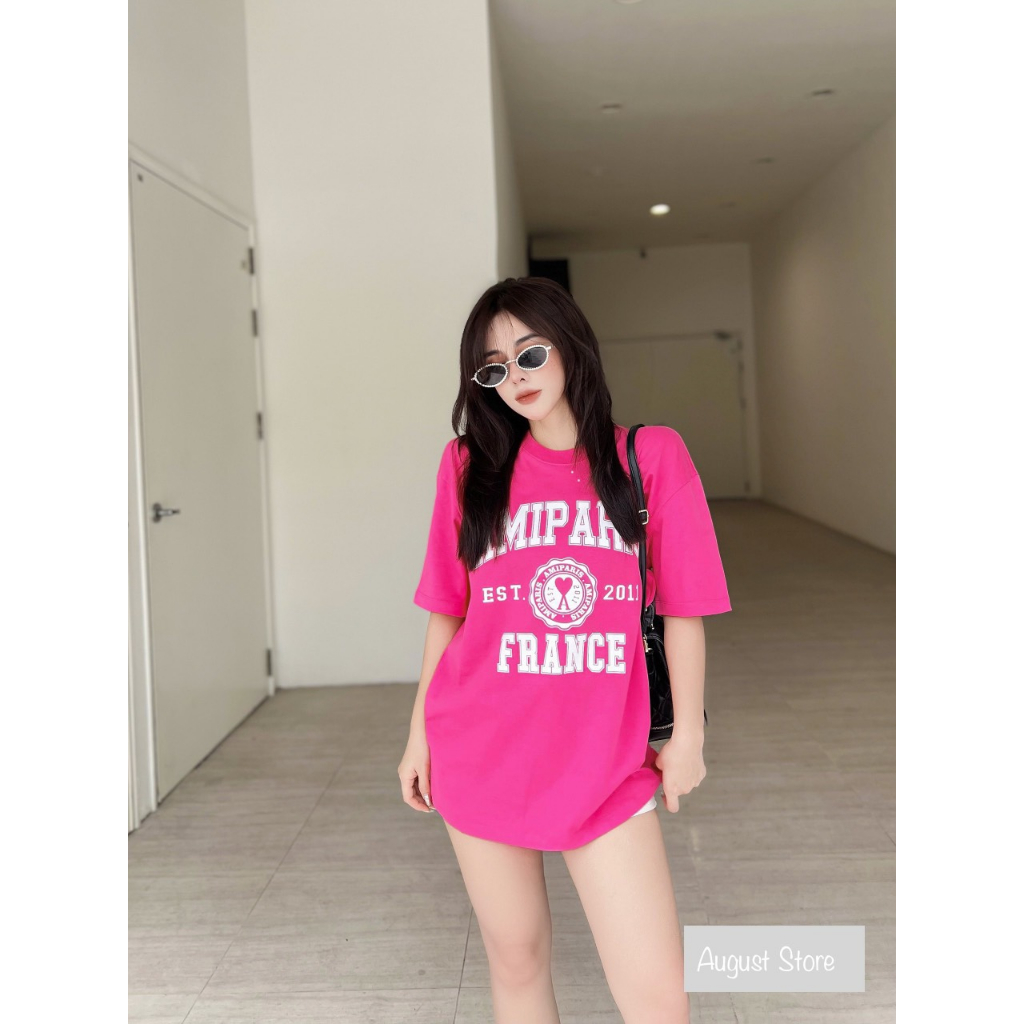 Áo Phông Amiri Paris Thun Cộc Tay Chữ Basic Dáng Rộng Giấu Quần Trùm Mông