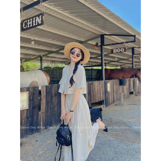 Set crop vest nude + chân váy midi xoè