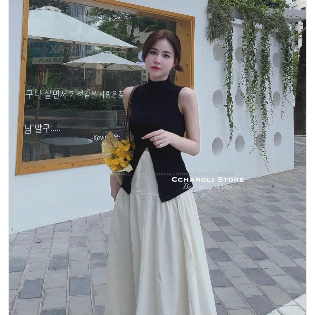 Sét bộ áo thun gân may cách điệu xẻ trước xẻ sau chân váy xèo dài xinh xắn cao cấp chuẩn shop
