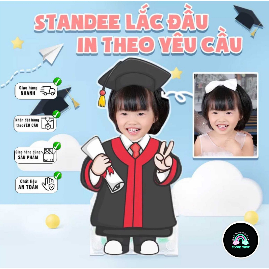 Mô hình standee lắc đầu ghép mặt học sinh tốt nghiệp chụp kỷ yếu in theo yêu cầu, mô hình chạy pin t