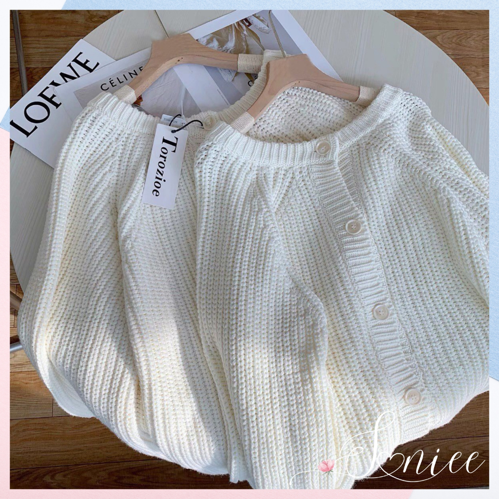 Áo khoác cardigan len dệt kim nữ trắng SanieeClothes cổ v cài cúc tiểu thư tay bồng mặc 2 kiểu Quảng Châu loại 1